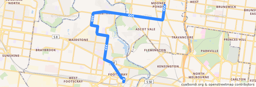 Mapa del recorrido Tram 82: Moonee Ponds Junction => Footscray railway station de la línea  en Melbourne.