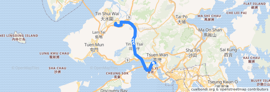 Mapa del recorrido 九巴68E線 KMB 68E (青衣站 Tsing Yi Station → 元朗公園 Yuen Long Park) de la línea  en Hong Kong.