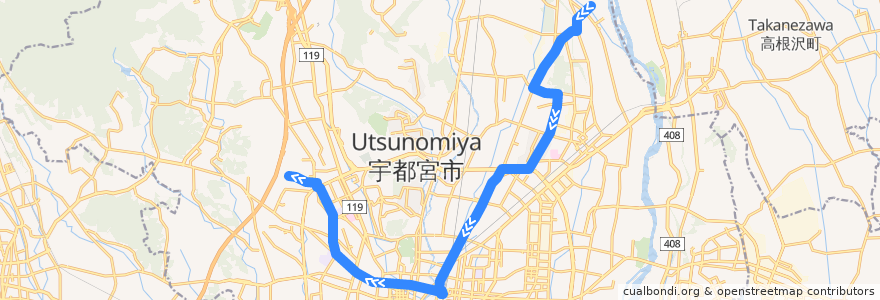 Mapa del recorrido 関東自動車バス[55] 白沢河原⇒奈坪台⇒宝木団地 de la línea  en 宇都宮市.