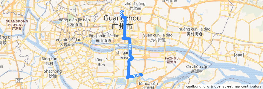 Mapa del recorrido 45路(广州火车东站总站-小洲总站) de la línea  en گوانگ‌ژو.