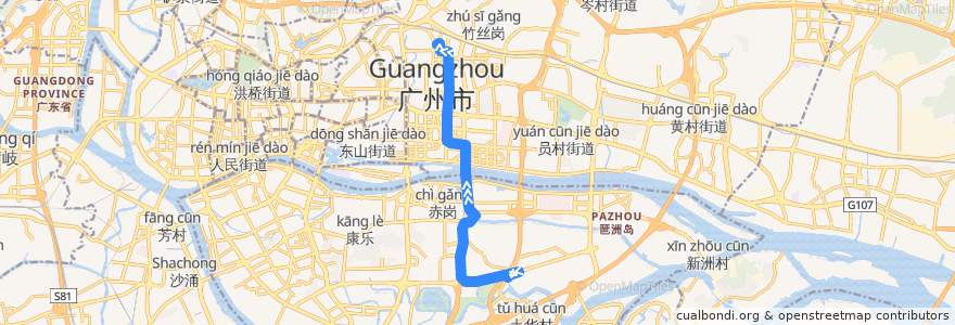 Mapa del recorrido 45路(小洲总站-广州火车东站总站) de la línea  en Guangzhou.