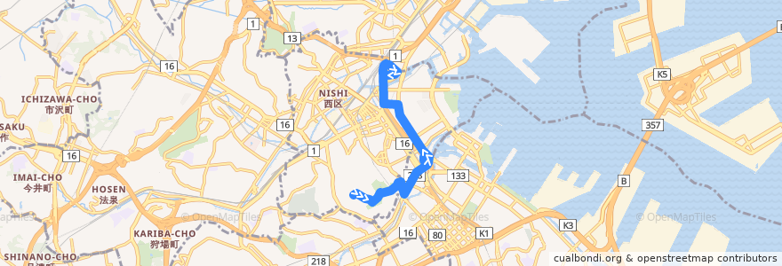 Mapa del recorrido 89ぶらり野毛山動物園BUS　一本松小学校前 => 横浜駅前 de la línea  en 西区.