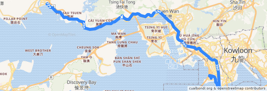 Mapa del recorrido 九巴261B線 KMB 261B (三聖 Sam Shing → 九龍站 Kowloon Station) de la línea  en Hong Kong.