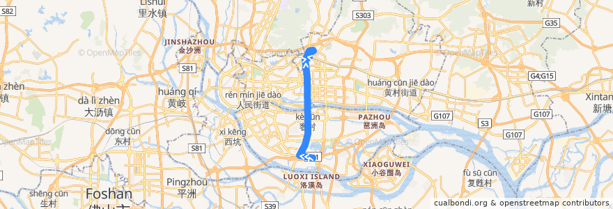 Mapa del recorrido 51A路(沥滘总站-天平架总站) de la línea  en Guangzhou.