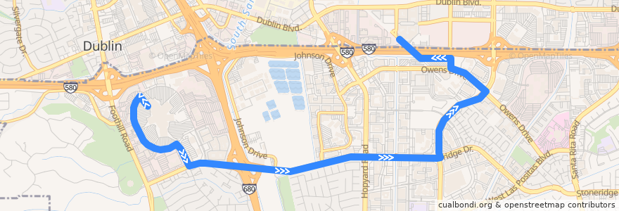 Mapa del recorrido Wheels 3: Stoneridge Mall => East Dublin/Pleasanton BART de la línea  en Pleasanton.