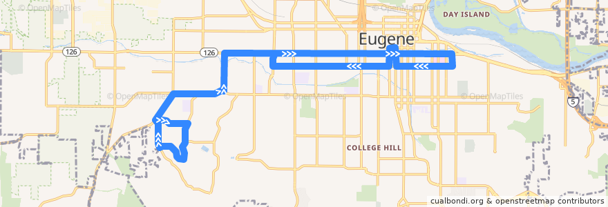 Mapa del recorrido UO/Warren de la línea  en Eugene.