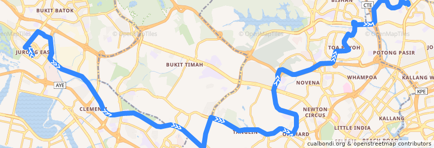 Mapa del recorrido Svc 105 (Jurong East Temporary Interchange => Serangoon Interchange) de la línea  en Singapore.