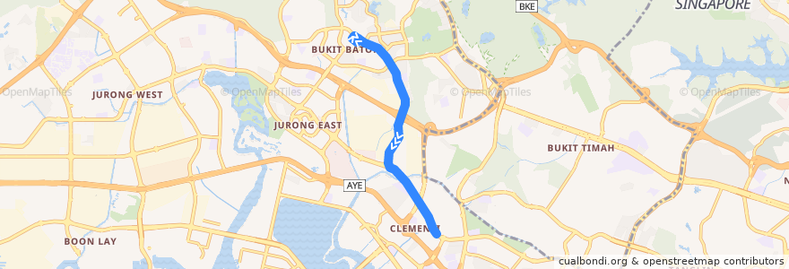 Mapa del recorrido Svc 106A (Bukit Batok Interchange => Clementi Station) de la línea  en Southwest.