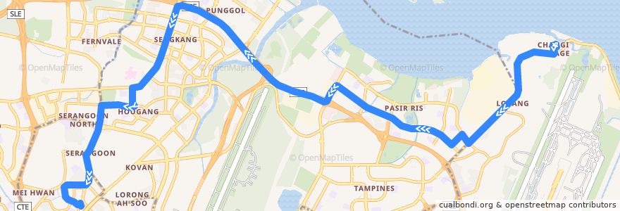 Mapa del recorrido Svc 109 (Changi Village Terminal => Serangoon Interchange) de la línea  en Singapore.