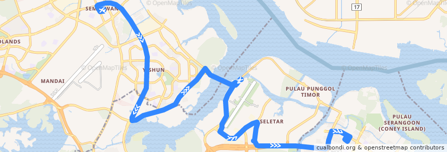 Mapa del recorrido Svc 117 (Sembawang Interchange => Punggol Temporary Interchange) de la línea  en Singapore.
