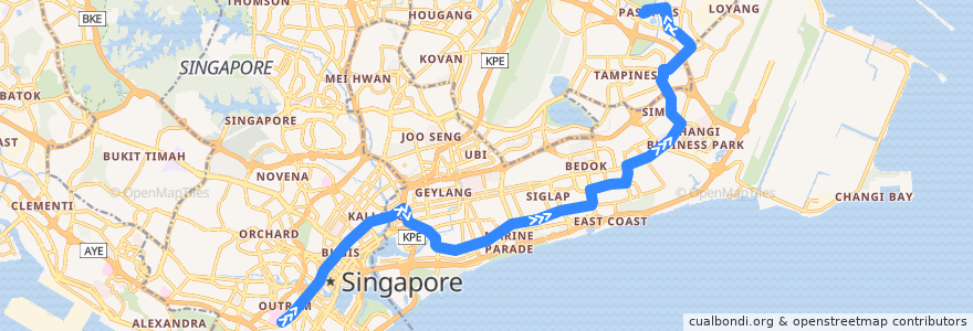Mapa del recorrido Svc 12 (New Bridge Road Terminal => Pasir Ris Interchange) de la línea  en 싱가포르.