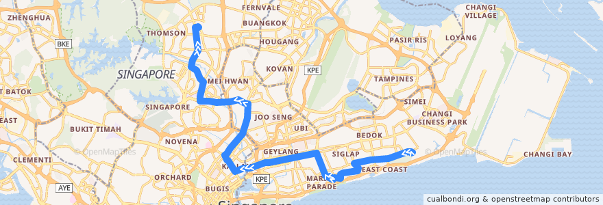 Mapa del recorrido Svc 13 (Upper East Coast Terminal => Yio Chu Kang Interchange) de la línea  en シンガポール.