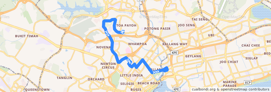 Mapa del recorrido Svc 141 (Toa Payoh Interchange => Lorong 1 Geylang Terminal) de la línea  en 中区.