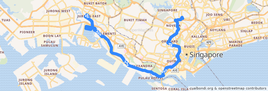 Mapa del recorrido Svc 143 (Jurong East Temporary Interchange => Toa Payoh Interchange) de la línea  en Singapur.