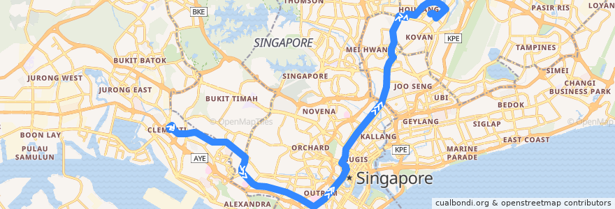 Mapa del recorrido Svc 147 (Clementi Interchange => Hougang Central Interchange) de la línea  en Singapore.