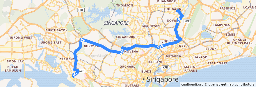 Mapa del recorrido Svc 151 (Kent Ridge Terminal => Hougang Central Interchange) de la línea  en Singapur.