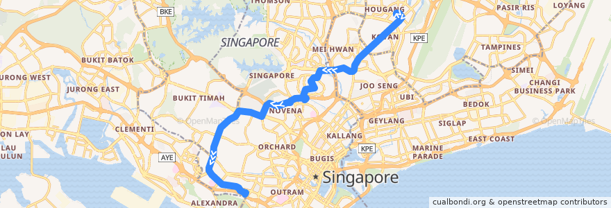 Mapa del recorrido Svc 153 (Hougang Central Interchange => Bukit Merah Interchange) de la línea  en Singapura.