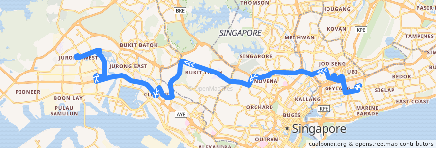 Mapa del recorrido Svc 154 (Eunos Interchange => Boon Lay Interchange) de la línea  en Singapore.