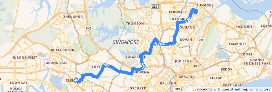 Mapa del recorrido Svc 156 (Clementi Interchange => Sengkang Interchange) de la línea  en Singapura.