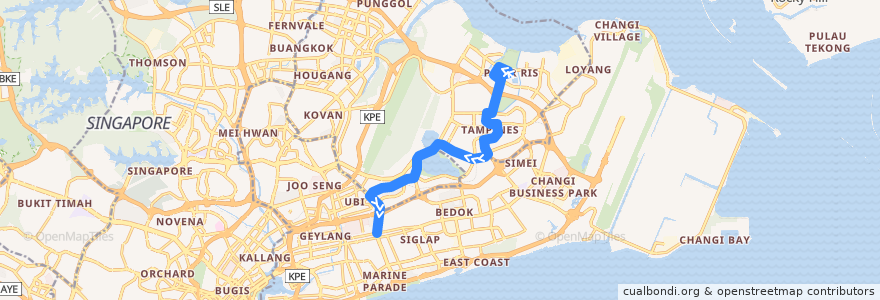 Mapa del recorrido Svc 15A (Pasir Ris Interchange => Opposite Eunos Station) de la línea  en سنگاپور.