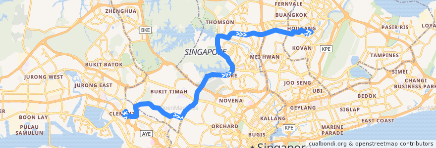 Mapa del recorrido Svc 165 (Clementi Interchange => Hougang Central Interchange) de la línea  en 新加坡.