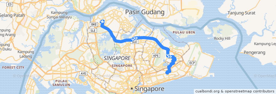 Mapa del recorrido Svc 168 (Woodlands Temporary Interchange => Bedok Interchange) de la línea  en Singapura.