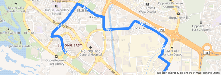 Mapa del recorrido Svc 183B (Jurong East Temporary Interchange => Ulu Pandan R.I. Plant) de la línea  en 西南区.