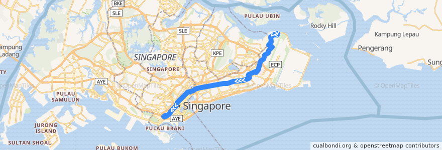 Mapa del recorrido Svc 2 (New Bridge Road Terminal => Changi Village Terminal) de la línea  en Singapur.