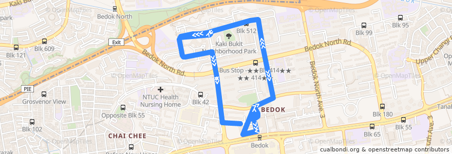 Mapa del recorrido Svc 225G (Bedok Interchange => Bedok Interchange) de la línea  en Southeast.