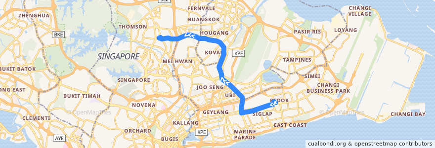 Mapa del recorrido Svc 25 (Bedok Interchange => Ang Mo Kio Interchange) de la línea  en Singapur.