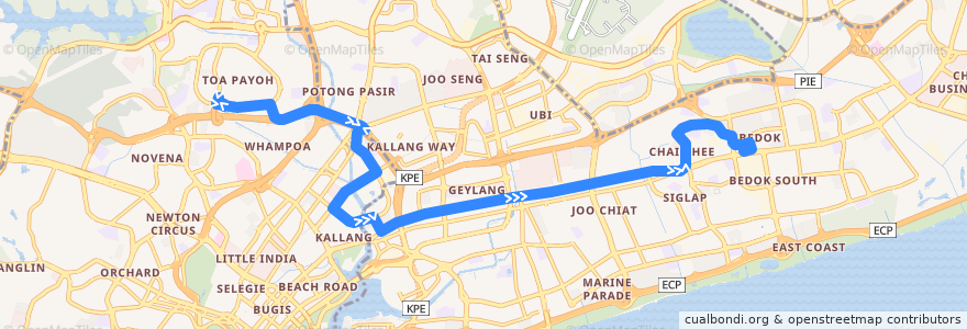 Mapa del recorrido Svc 26 (Toa Payoh Interchange => Bedok Interchange) de la línea  en 싱가포르.