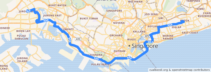 Mapa del recorrido Svc 30 (Boon Lay Interchange => Bedok Interchange) de la línea  en سنغافورة.