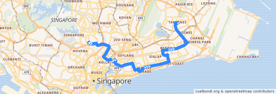 Mapa del recorrido Svc 31 (Toa Payoh Interchange => Tampines Interchange) de la línea  en 싱가포르.