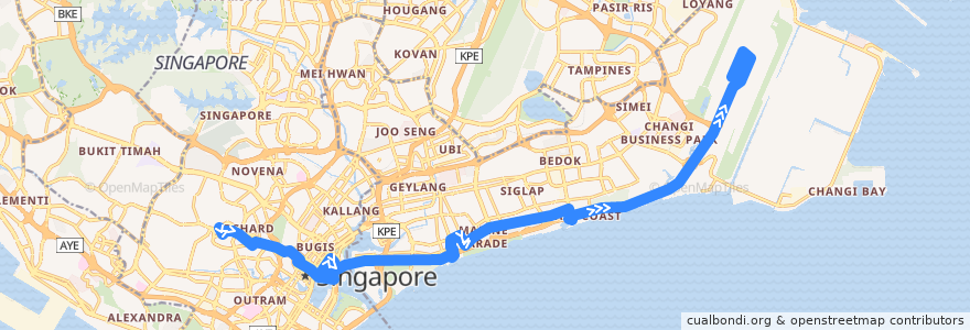 Mapa del recorrido Svc 36A (Changi Airport PTB2 => The Regent Singapore) de la línea  en سنغافورة.
