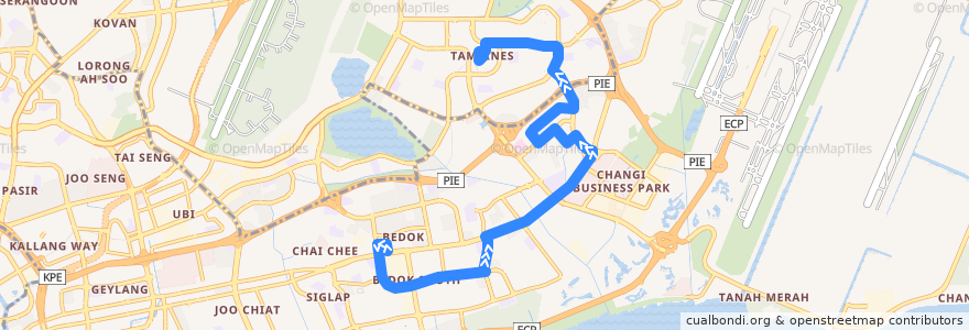 Mapa del recorrido Svc 38 (Bedok Interchange => Tampines Interchange) de la línea  en シンガポール.