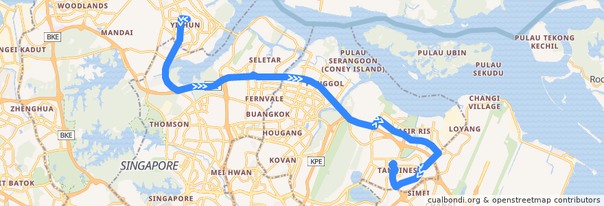 Mapa del recorrido Svc 39 (Yishun Temporary Interchange => Tampines Interchange) de la línea  en Singapur.
