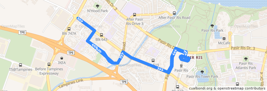 Mapa del recorrido Svc 3B (Blk 738 => Pasir Ris Interchange) de la línea  en Northeast.