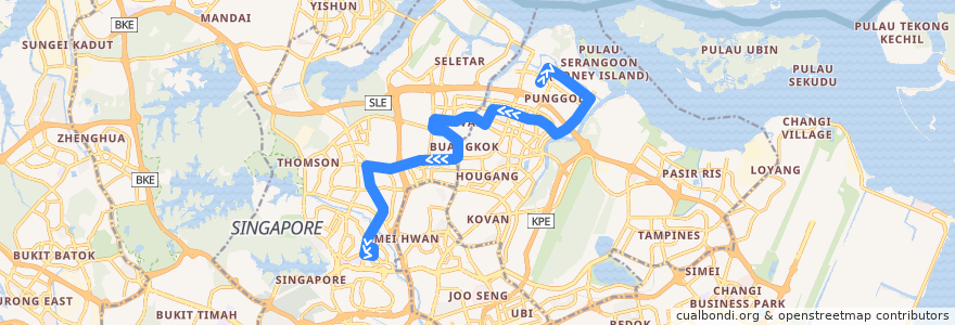 Mapa del recorrido Svc 50 (Punggol Temporary Interchange => Bishan Interchange) de la línea  en Singapur.