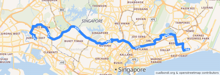 Mapa del recorrido Svc 506 (Upper East Coast Terminal => Jurong East Temporary Interchange) de la línea  en 싱가포르.