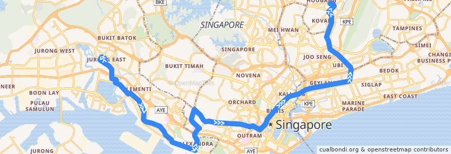 Mapa del recorrido Svc 51 (Jurong East Temporary Interchange => Hougang Central Interchange) de la línea  en Singapore.