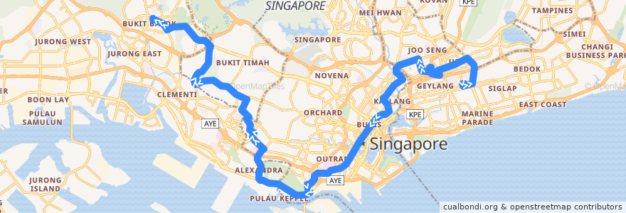 Mapa del recorrido Svc 61 (Eunos Interchange => Bukit Batok Interchange) de la línea  en Сингапур.