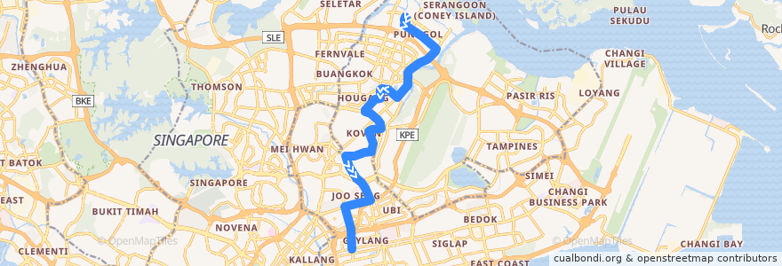 Mapa del recorrido Svc 62A (Punggol Temporary Interchange => Aljunied Station) de la línea  en سنگاپور.
