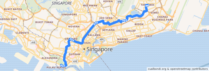 Mapa del recorrido Svc 65 (HarbourFront Interchange => Tampines Interchange) de la línea  en Singapura.