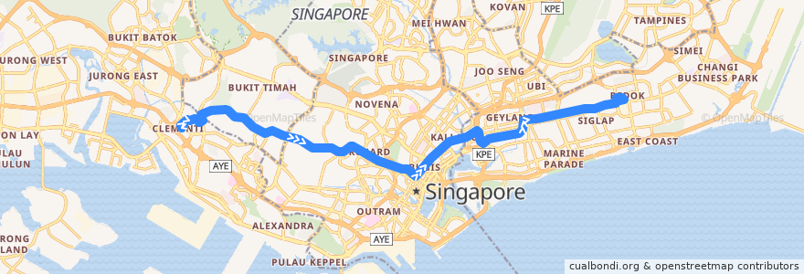 Mapa del recorrido Svc 7 (Clementi Interchange => Bedok Interchange) de la línea  en Singapore.
