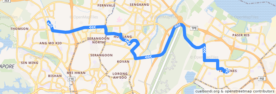 Mapa del recorrido Svc 72 (Tampines Interchange => Yio Chu Kang Interchange) de la línea  en Singapur.