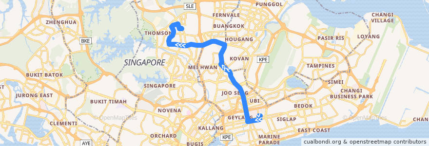Mapa del recorrido Svc 76 (Eunos Interchange => Yio Chu Kang Interchange) de la línea  en 싱가포르.