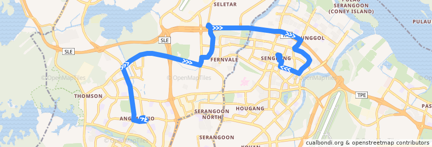 Mapa del recorrido Svc 86 (Ang Mo Kio Interchange => Sengkang Interchange) de la línea  en Singapura.