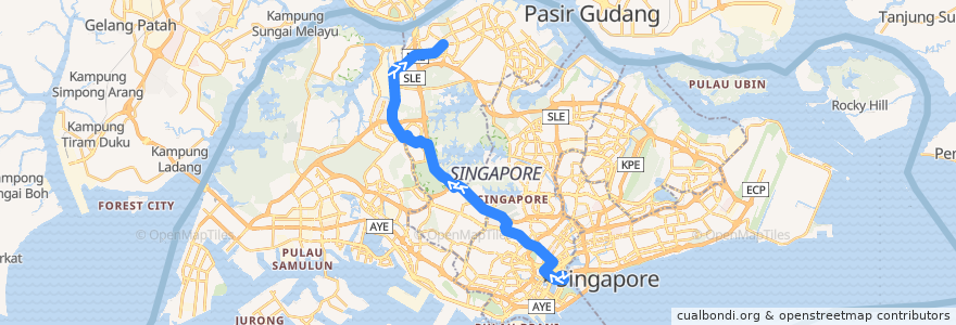 Mapa del recorrido Svc 960 (Marina Centre Terminal => Woodlands Temporary Interchange) de la línea  en Singapour.