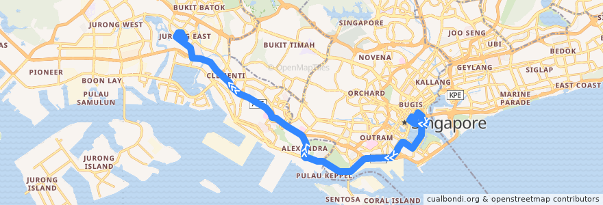 Mapa del recorrido Svc 97 (Marina Centre Terminal => Jurong East Temporary Interchange) de la línea  en Singapore.