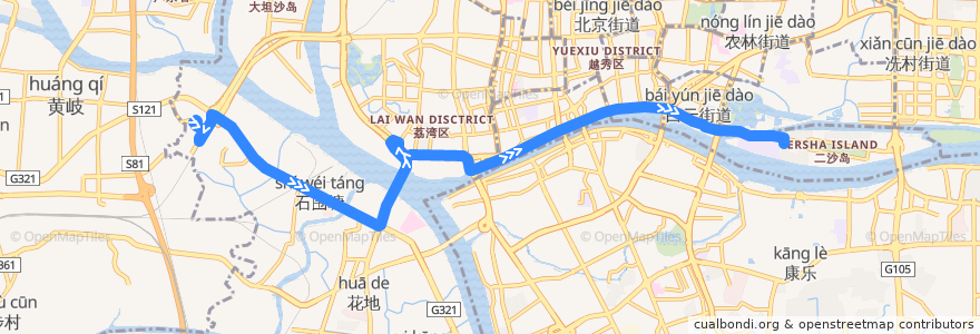 Mapa del recorrido 57路(滘口客运站总站-二沙岛西总站) de la línea  en Canton.